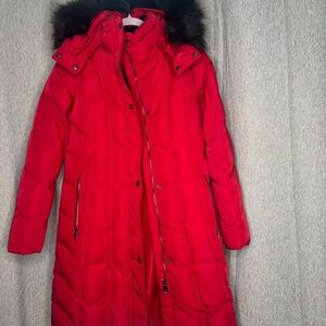 Calvin Klein Women’s Red Long Puffer Coat with Faux Fur Hood – Size M